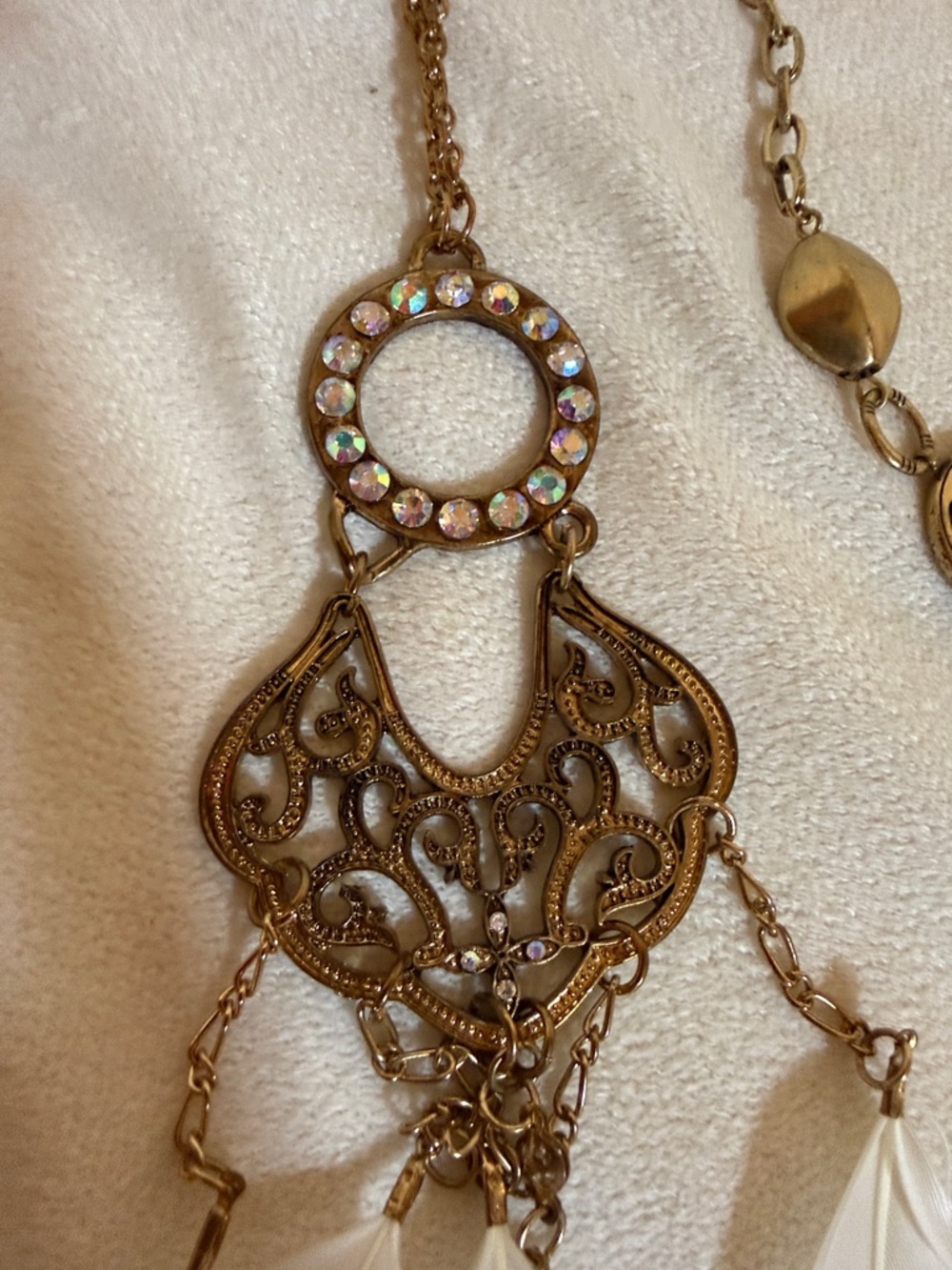 Boho Antique Gold Feather Rhinestone & Coin Medallion Statement Necklace Set 2pc - Picture 2 of 3